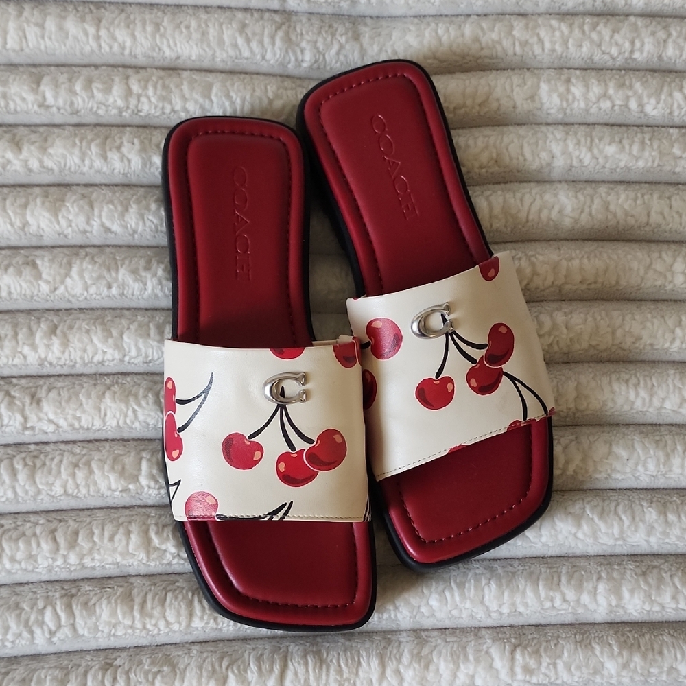 Coach Florence Chalk/Red Cherry Print Slide Sandals with Red Footbed
